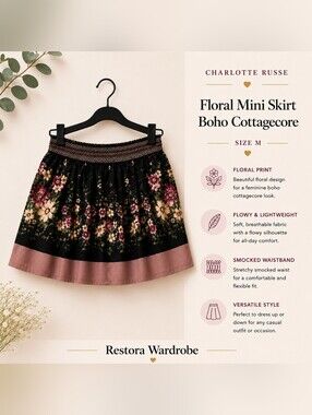 Charlotte Russe Floral Mini Skirt Boho Cottagecore Flowy Black Pink Size M